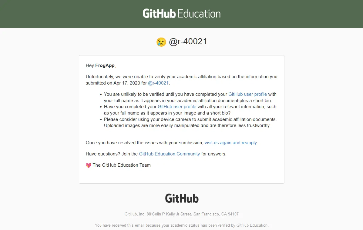 GitHub から届いた不承認メール